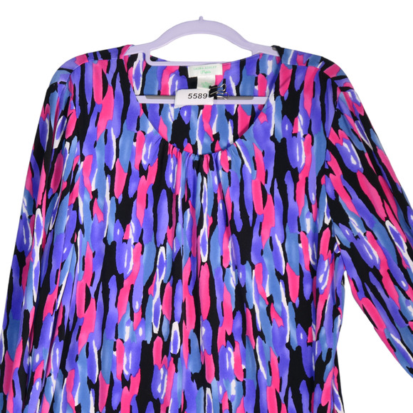 Laura Ashley Blouse Womens Petite Large PL Purple Pink Abstract Stretch Boho - Picture 2 of 6